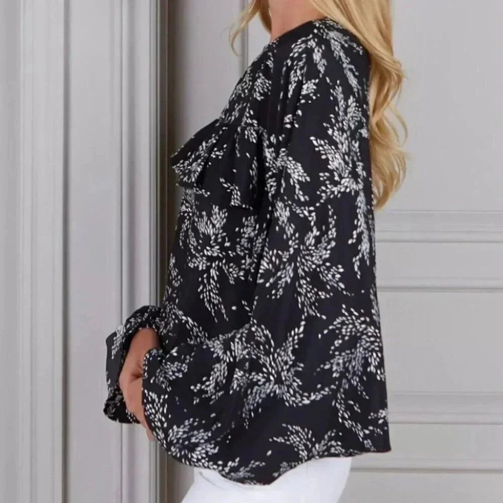 Senlis Black & White Leaves Louise Ruffle-Detail Oversize Long-Sleeve Top Size M